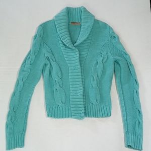 Chunky Cable Knit Cardigan Sweater Medium Turquoise Blue